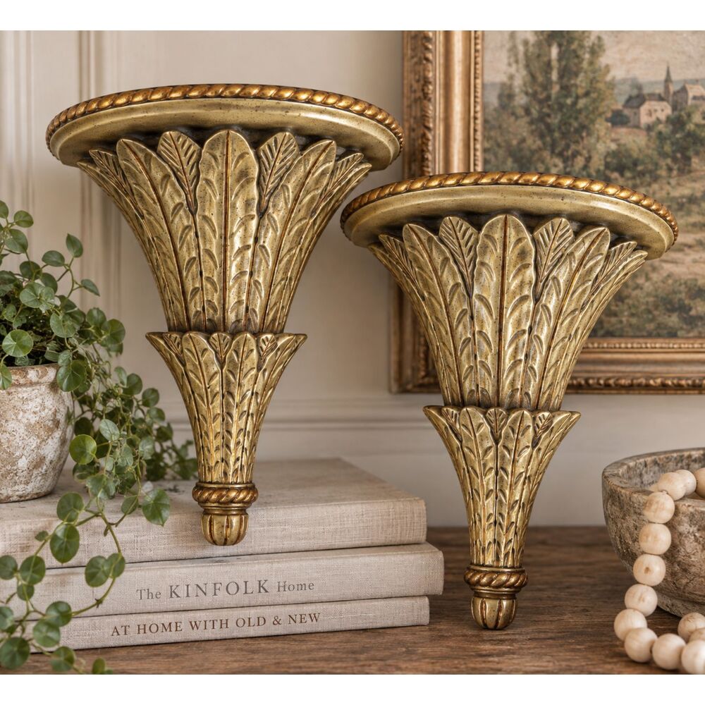 2 Maitland-Smith Gold Leaf Wall Shelves Corbels Sconce Acanthus Leaf Indonesia